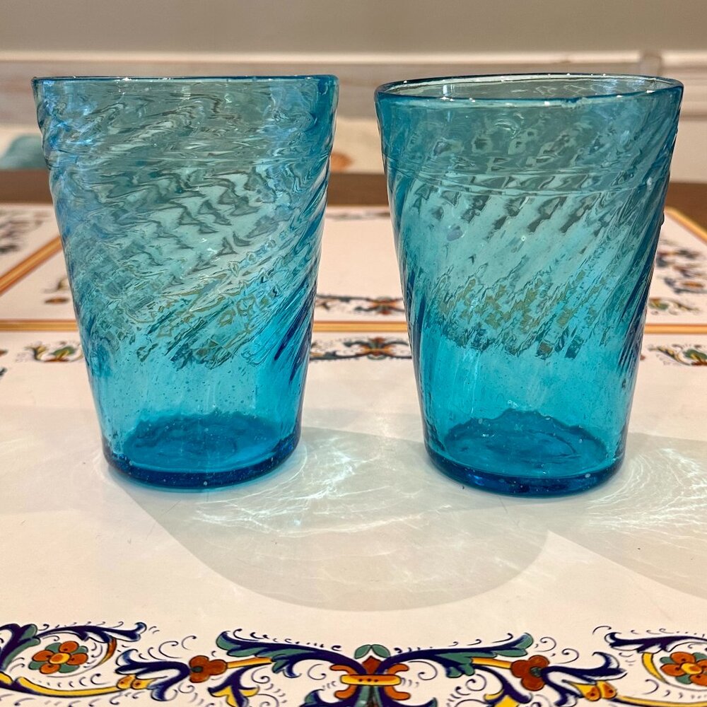 vintage hand-blown aqua blue swirl glass cups